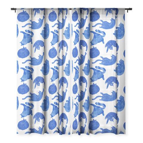 H Miller Ink Illustration Sleepy Cozy Kitty Cats in Blue Sheer Window Curtain