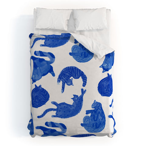 H Miller Ink Illustration Sleepy Cozy Kitty Cats in Blue Duvet Cover