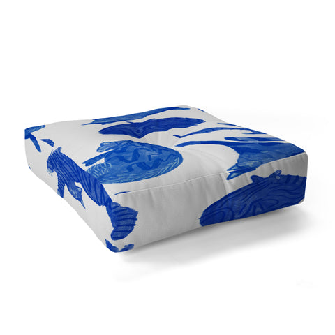 H Miller Ink Illustration Sleepy Cozy Kitty Cats in Blue Floor Pillow Square