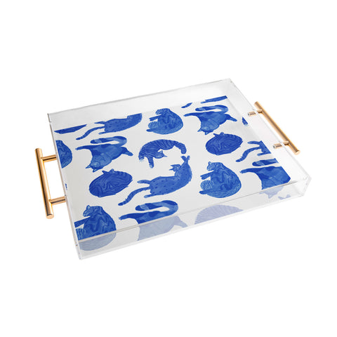 H Miller Ink Illustration Sleepy Cozy Kitty Cats in Blue Acrylic Tray