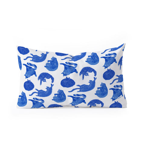 H Miller Ink Illustration Sleepy Cozy Kitty Cats in Blue Oblong Throw Pillow