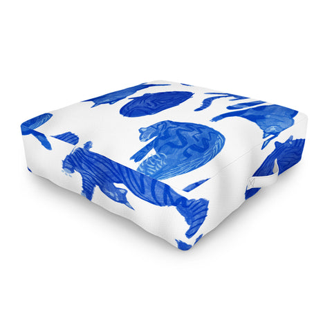 H Miller Ink Illustration Sleepy Cozy Kitty Cats in Blue Outdoor Floor Cushion