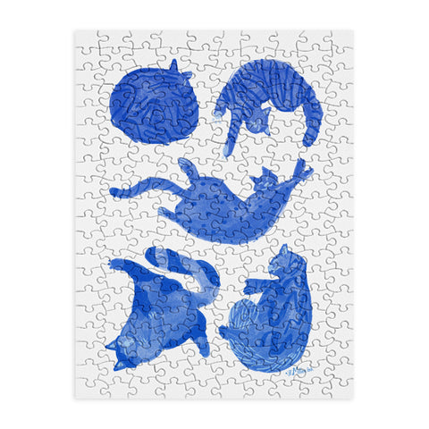 H Miller Ink Illustration Sleepy Cozy Kitty Cats in Blue Puzzle