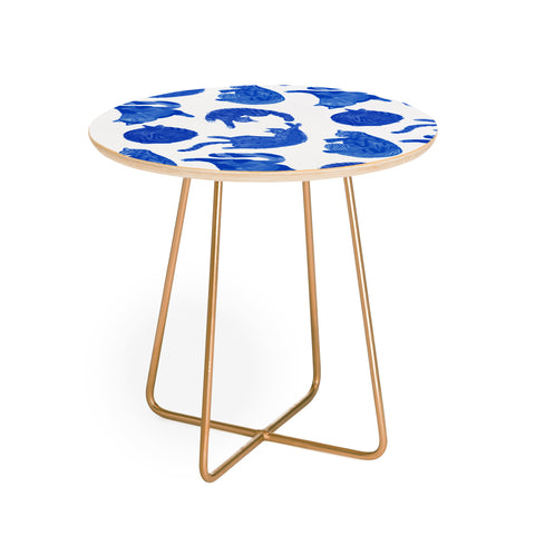 H Miller Ink Illustration Sleepy Cozy Kitty Cats in Blue Round Side Table