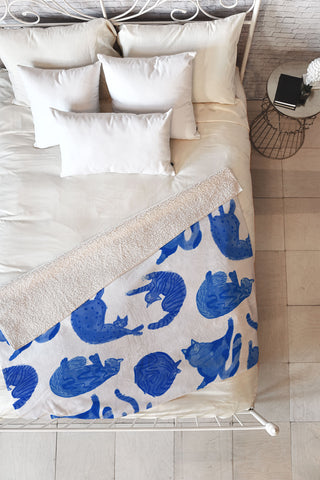 H Miller Ink Illustration Sleepy Cozy Kitty Cats in Blue Fleece Throw Blanket