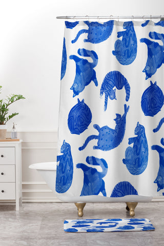 H Miller Ink Illustration Sleepy Cozy Kitty Cats in Blue Shower Curtain And Mat