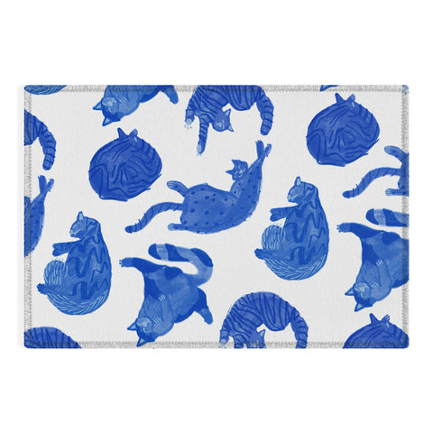 H Miller Ink Illustration Sleepy Cozy Kitty Cats in Blue Outdoor Rug