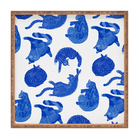 H Miller Ink Illustration Sleepy Cozy Kitty Cats in Blue Square Tray