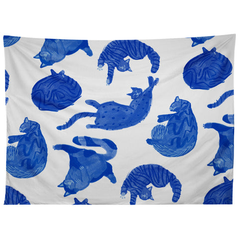 H Miller Ink Illustration Sleepy Cozy Kitty Cats in Blue Tapestry