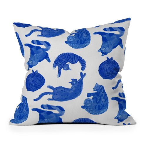 H Miller Ink Illustration Sleepy Cozy Kitty Cats in Blue Throw Pillow