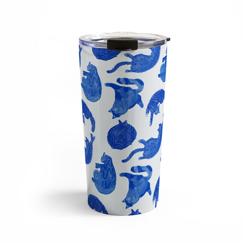 H Miller Ink Illustration Sleepy Cozy Kitty Cats in Blue Travel Mug