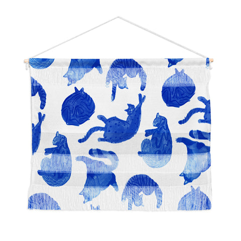 H Miller Ink Illustration Sleepy Cozy Kitty Cats in Blue Wall Hanging Landscape