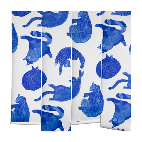 H Miller Ink Illustration Sleepy Cozy Kitty Cats in Blue Wall Mural