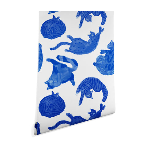 H Miller Ink Illustration Sleepy Cozy Kitty Cats in Blue Wallpaper