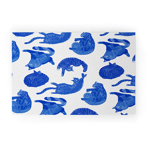 H Miller Ink Illustration Sleepy Cozy Kitty Cats in Blue Welcome Mat