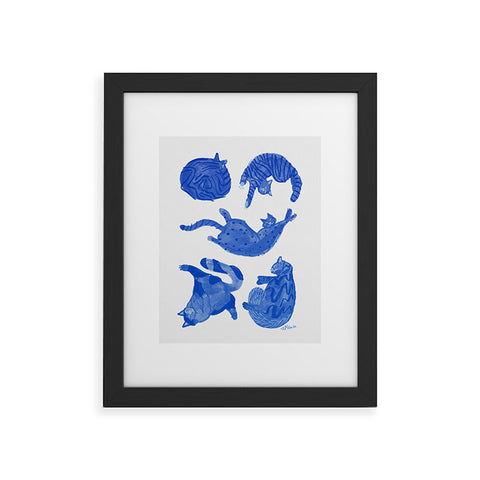 H Miller Ink Illustration Sleepy Cozy Kitty Cats in Blue Framed Art Print