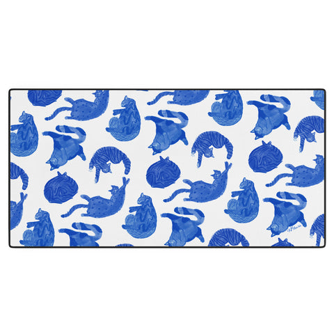 H Miller Ink Illustration Sleepy Cozy Kitty Cats in Blue Desk Mat