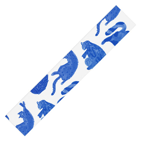 H Miller Ink Illustration Sleepy Cozy Kitty Cats in Blue Table Runner