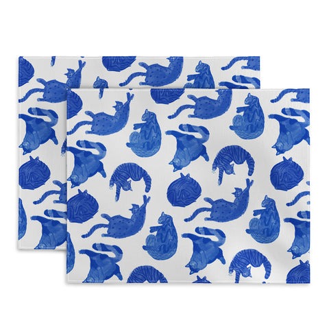 H Miller Ink Illustration Sleepy Cozy Kitty Cats in Blue Placemat