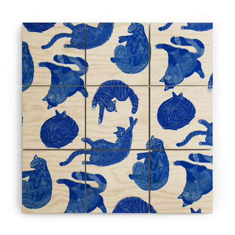 H Miller Ink Illustration Sleepy Cozy Kitty Cats in Blue Wood Wall Mural