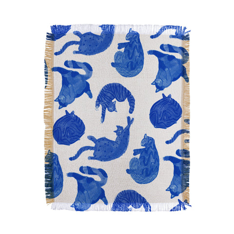 H Miller Ink Illustration Sleepy Cozy Kitty Cats in Blue Throw Blanket