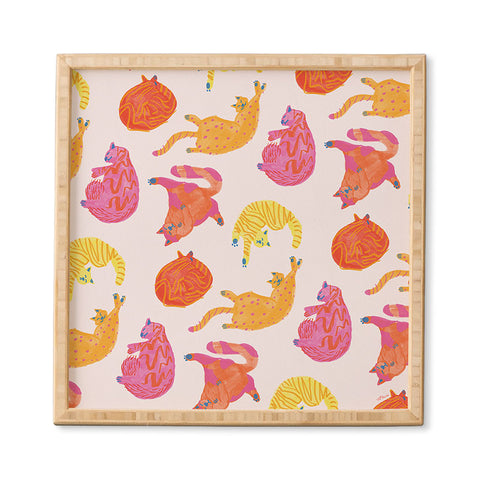 H Miller Ink Illustration Sleepy Cozy Kitty Cats in Orange Framed Wall Art