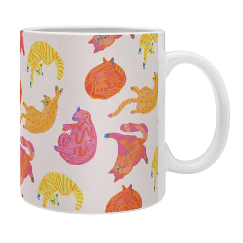 H Miller Ink Illustration Sleepy Cozy Kitty Cats in Orange Coffee Mug