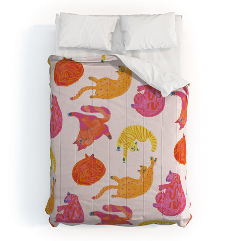 H Miller Ink Illustration Sleepy Cozy Kitty Cats in Orange Comforter