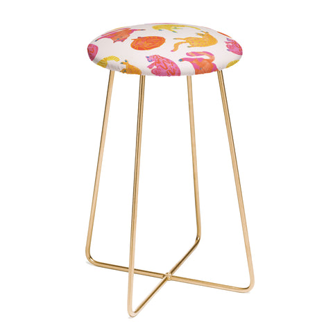 H Miller Ink Illustration Sleepy Cozy Kitty Cats in Orange Counter Stool