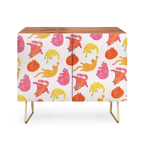 H Miller Ink Illustration Sleepy Cozy Kitty Cats in Orange Credenza