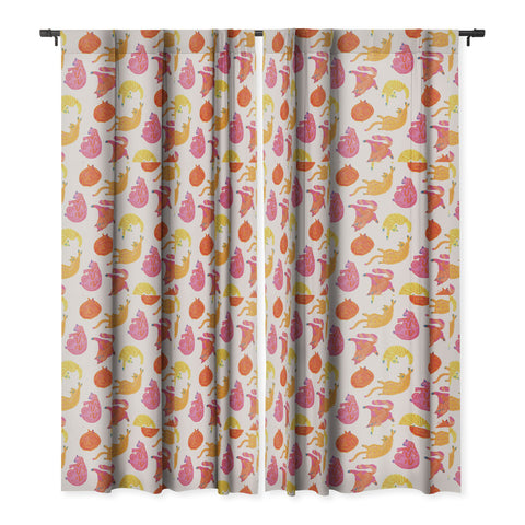 H Miller Ink Illustration Sleepy Cozy Kitty Cats in Orange Blackout Window Curtain