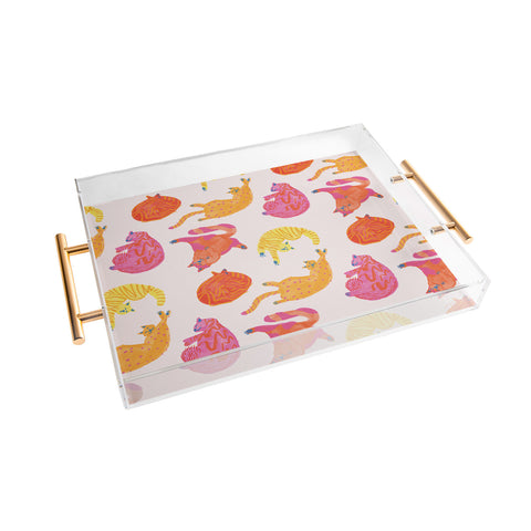 H Miller Ink Illustration Sleepy Cozy Kitty Cats in Orange Acrylic Tray