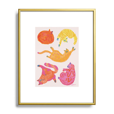 H Miller Ink Illustration Sleepy Cozy Kitty Cats in Orange Metal Framed Art Print