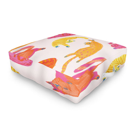 H Miller Ink Illustration Sleepy Cozy Kitty Cats in Orange Outdoor Floor Cushion