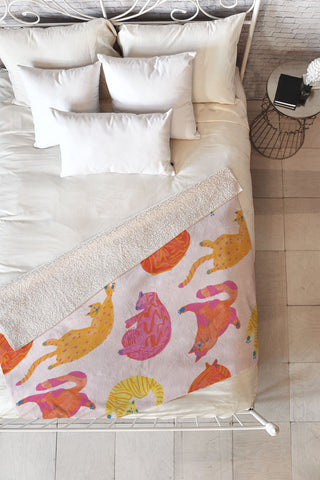 H Miller Ink Illustration Sleepy Cozy Kitty Cats in Orange Fleece Throw Blanket