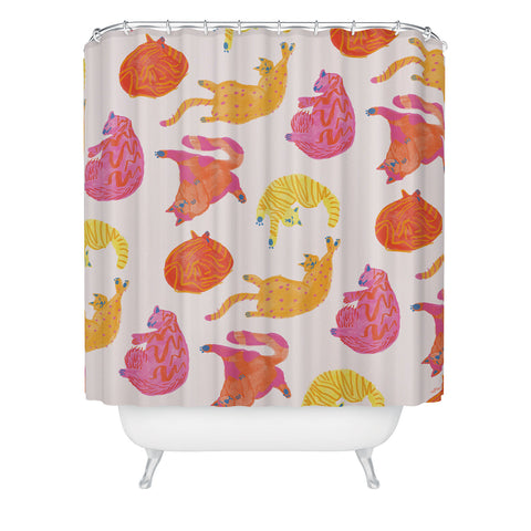 H Miller Ink Illustration Sleepy Cozy Kitty Cats in Orange Shower Curtain