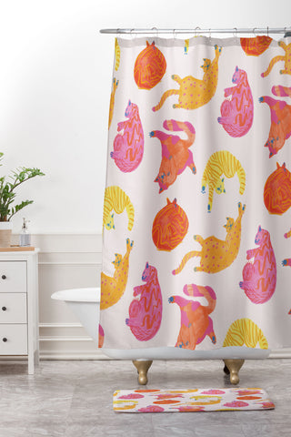 H Miller Ink Illustration Sleepy Cozy Kitty Cats in Orange Shower Curtain And Mat