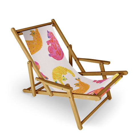 H Miller Ink Illustration Sleepy Cozy Kitty Cats in Orange Sling Chair