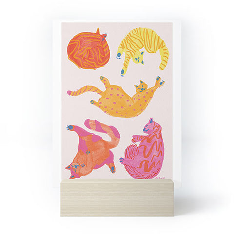 H Miller Ink Illustration Sleepy Cozy Kitty Cats in Orange Mini Art Print