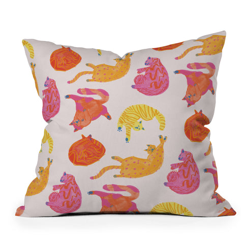 H Miller Ink Illustration Sleepy Cozy Kitty Cats in Orange Outdoor Throw Pillow