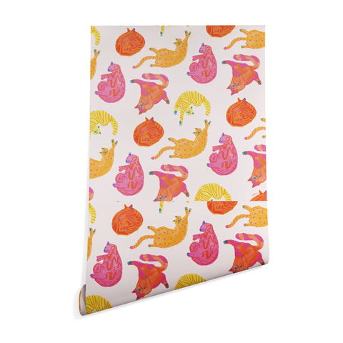 H Miller Ink Illustration Sleepy Cozy Kitty Cats in Orange Wallpaper