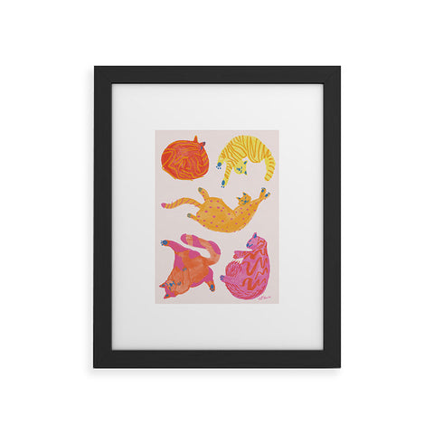 H Miller Ink Illustration Sleepy Cozy Kitty Cats in Orange Framed Art Print