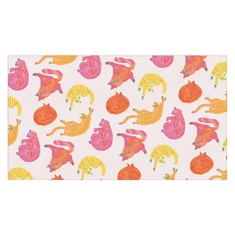 H Miller Ink Illustration Sleepy Cozy Kitty Cats in Orange Tablecloth