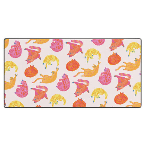 H Miller Ink Illustration Sleepy Cozy Kitty Cats in Orange Desk Mat