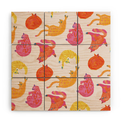 H Miller Ink Illustration Sleepy Cozy Kitty Cats in Orange Wood Wall Mural