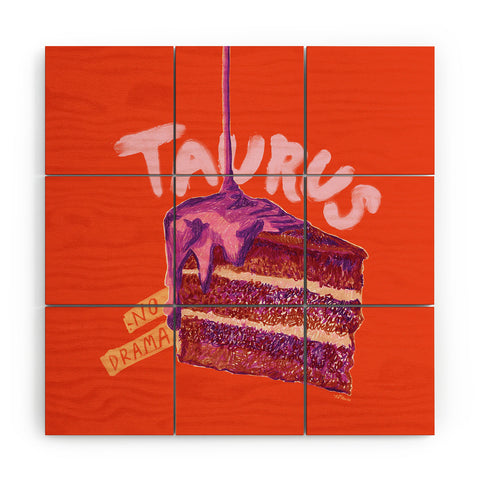 H Miller Ink Illustration Taurus Birthday Cake in Burnt Orange Wood Wall Mural