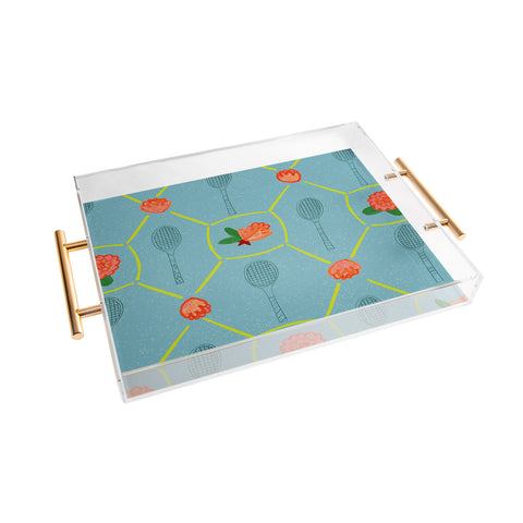 H Miller Ink Illustration Tennis Rackets Roses Acrylic Tray