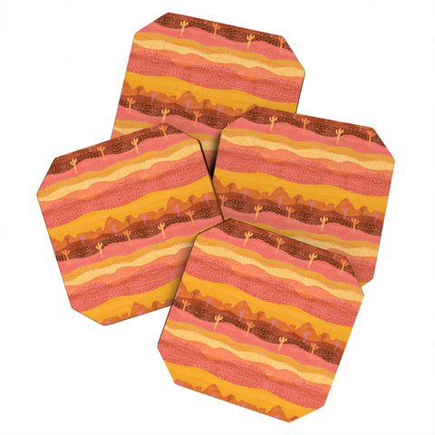 H Miller Ink Illustration Vintage Western Desert Landscape Coaster Set