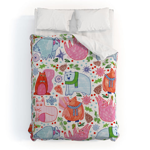 H Miller Ink Illustration Winter Forest Woodland Animals Duvet Cover