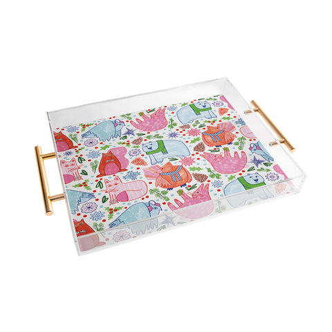 H Miller Ink Illustration Winter Forest Woodland Animals Acrylic Tray